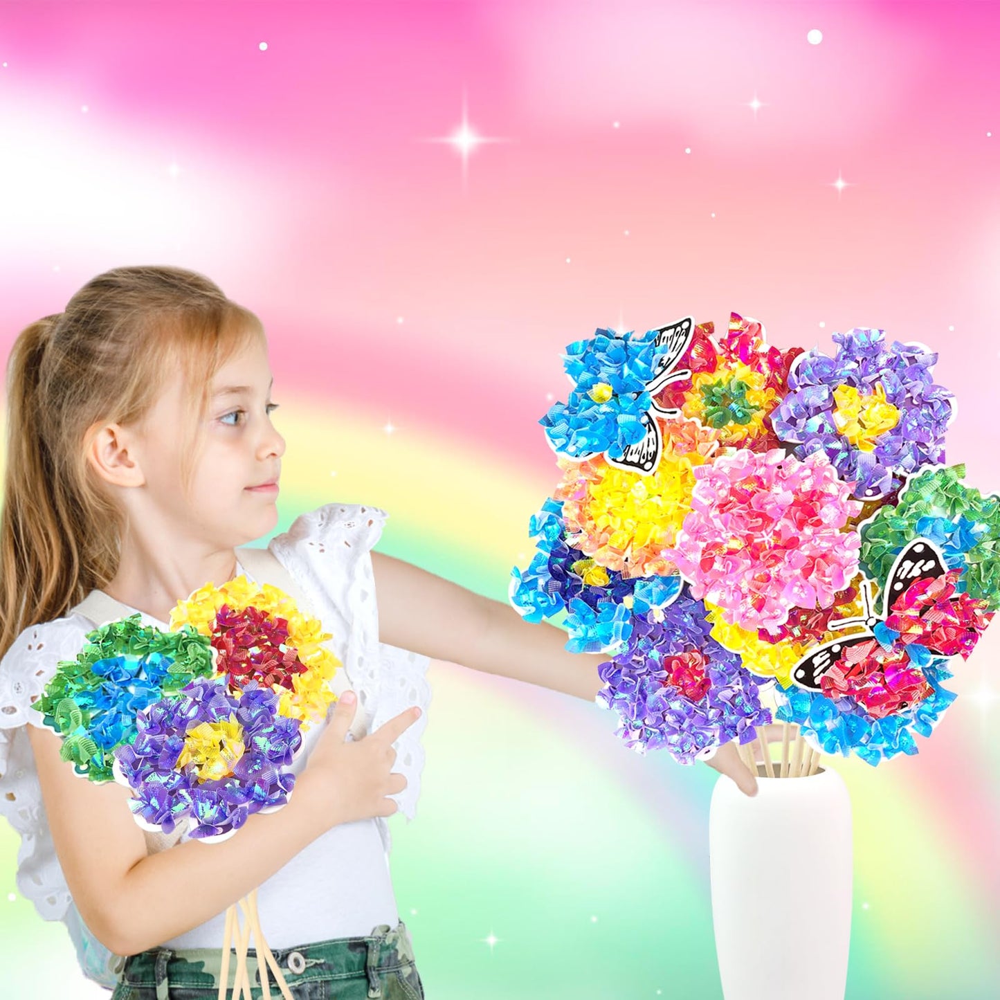 Poke Art Bastelset Kinder ab 4 5 6 7+ Jahre,DIY-Geschenke für Mädchen Spielzeug 5-12 Jahre Kindergeburtstag Kunstblumenstrauß Blumen Bastelkoffer Blumenstrauß mit Pailletten Kreativ Set für Kinder