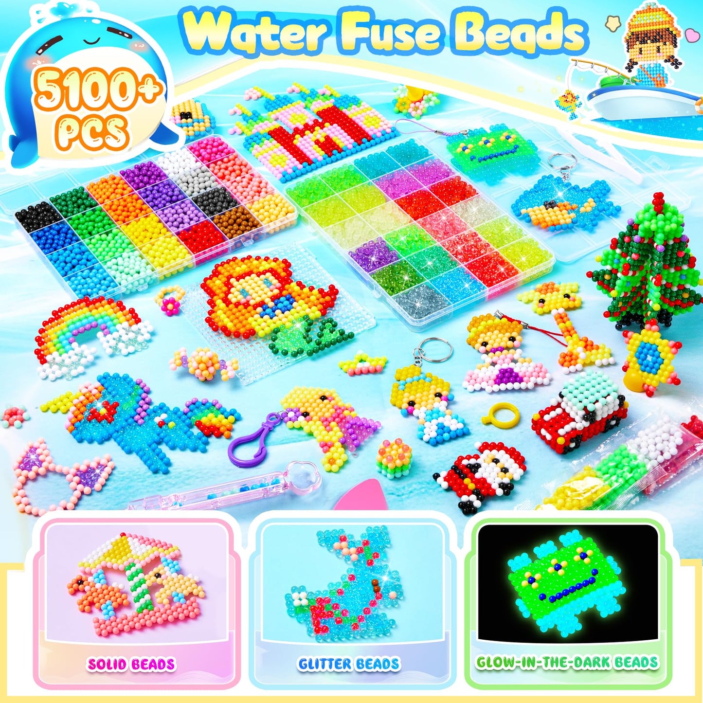 DazzBoom 5100+ Wasserperlen für kinder Set, 48 große Gitter Ergänzung in acht Farben,42 Farben feste Wassernebelperlen 6 Farben leuchtende Wassernebelperlen Bunte Wasserperlen für Kinder