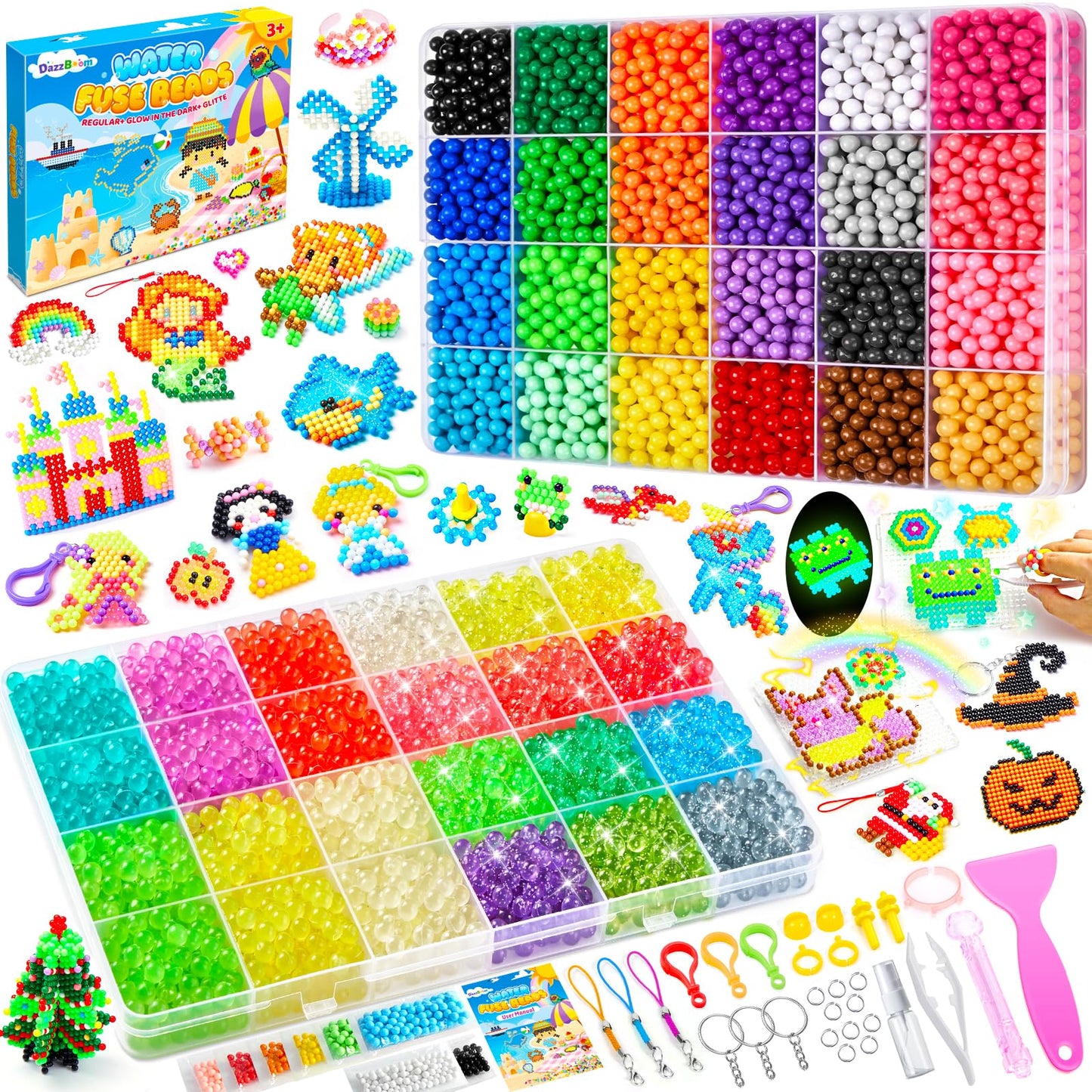 DazzBoom 5100+ Wasserperlen für kinder Set, 48 große Gitter Ergänzung in acht Farben,42 Farben feste Wassernebelperlen 6 Farben leuchtende Wassernebelperlen Bunte Wasserperlen für Kinder